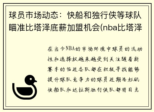 球员市场动态：快船和独行侠等球队瞄准比塔泽底薪加盟机会(nba比塔泽)