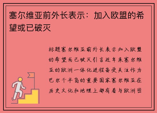 塞尔维亚前外长表示：加入欧盟的希望或已破灭